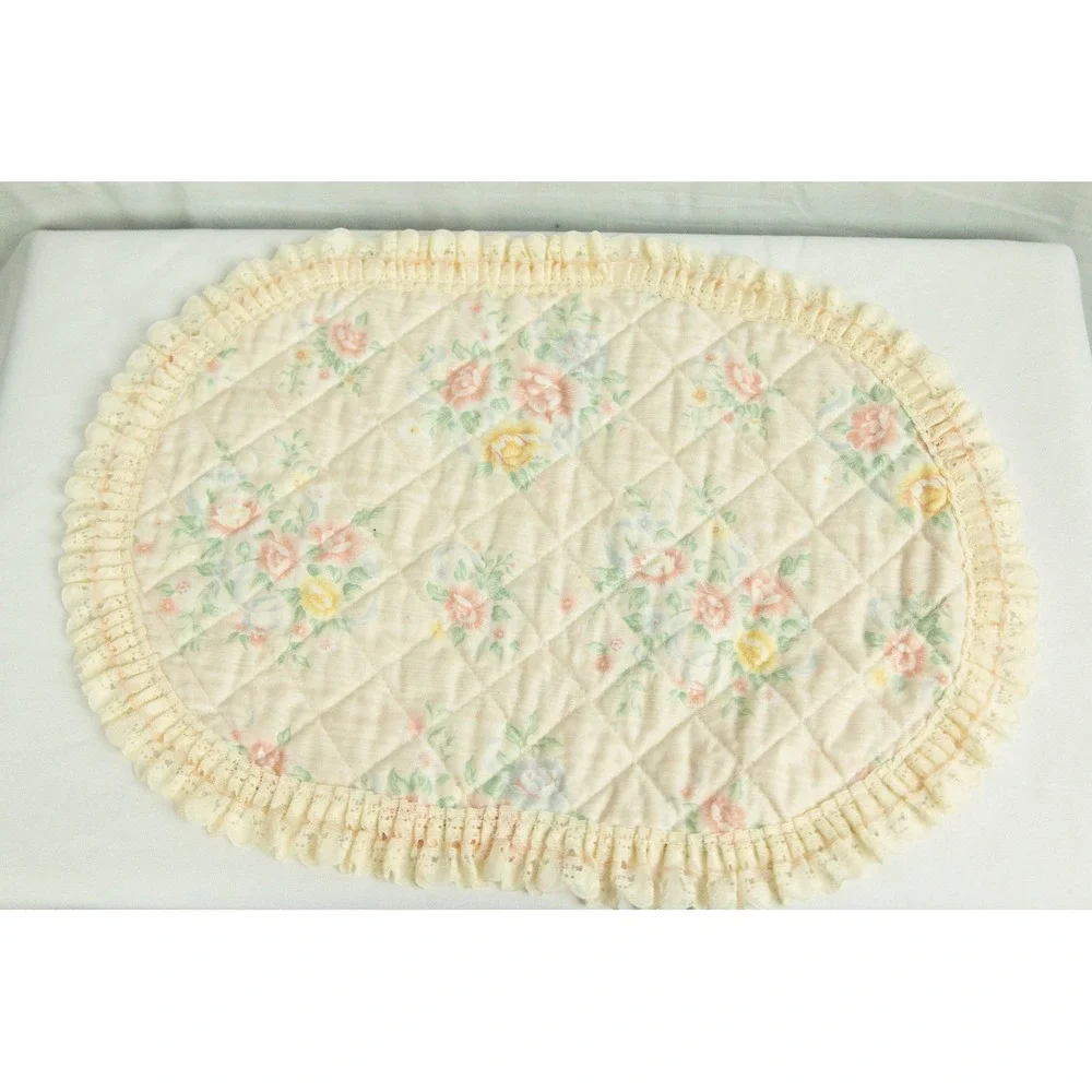 Vintage Floral Quilted Oval Placemat Cream Pastel Pink Yellow Lace Ruffle Trim